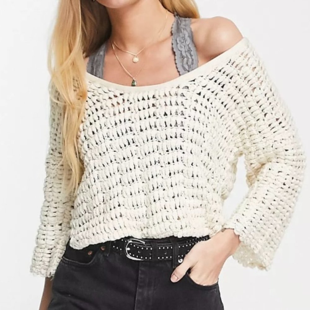 Free People Ivory Open Knit Sweater in Mint #2
